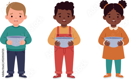 Diverse children holding empty bowls illustration in casual clothes smiling and standing 