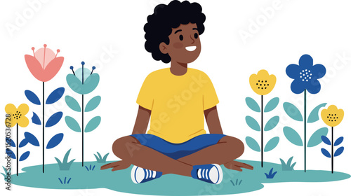 Boy sitting cross legged surrounded by colorful flowers in outdoor garden illustration 