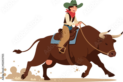 Cowboy riding bull rodeo action vector illustration with dust and hat 