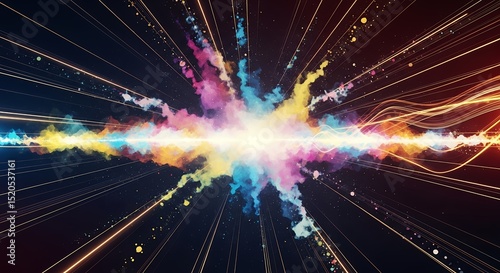 Abstract Futuristic Energy Burst: Vibrant Color Explosion with Light Trails and Stardust