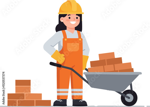 Female Construction Worker Pushing Wheelbarrow with Bricks in Safety Gear Vector Illustration 