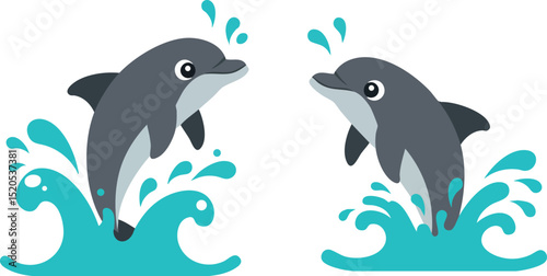 Two playful dolphins jumping over blue water splash vector illustration 