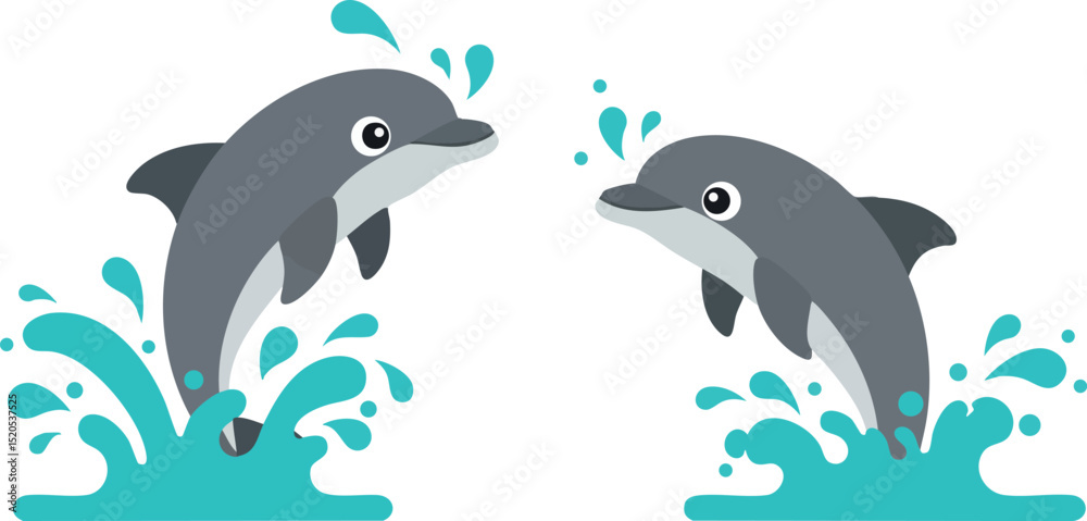 Obraz premium Two playful dolphins jumping through blue water splashes vector illustration 