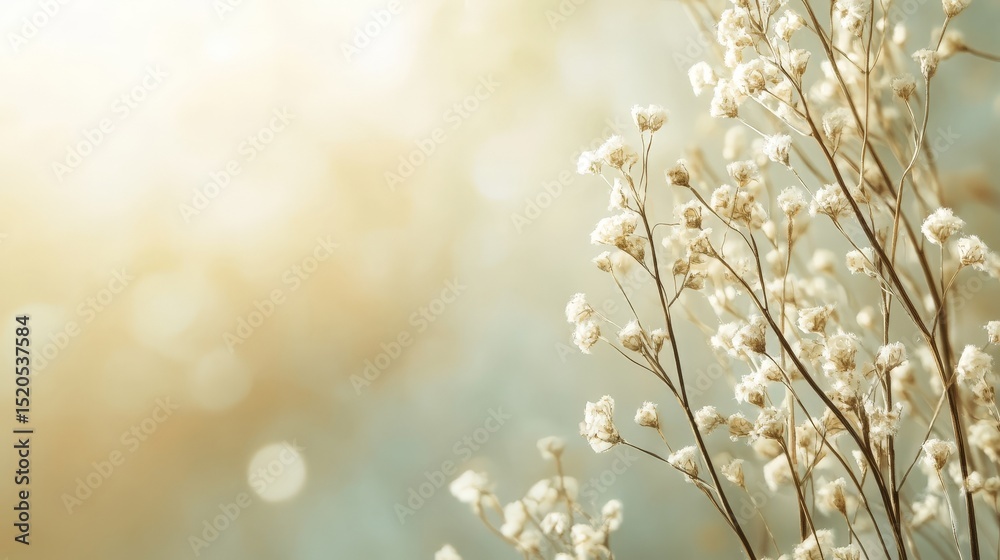 Naklejka premium Delicate white flowers bask in warm sunlight, creating a soft, dreamy aesthetic