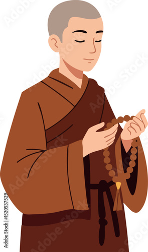 Buddhist monk praying with rosary beads in traditional brown robe vector illustration 