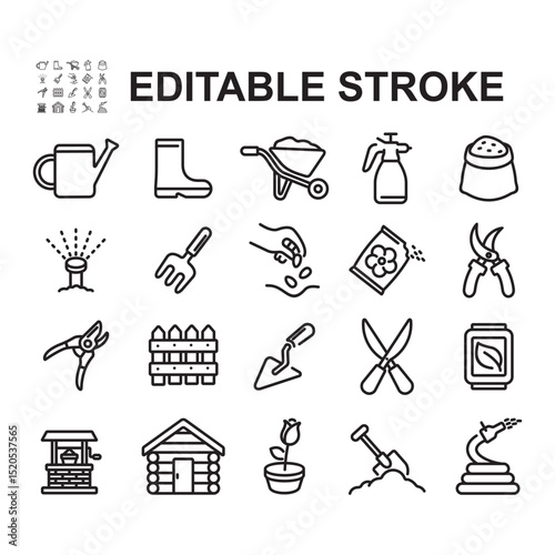Set of icons related to gardening, caring for plants. Thin line style vector. Contains icons such as flower seeds, water sprayer, boots and more.
