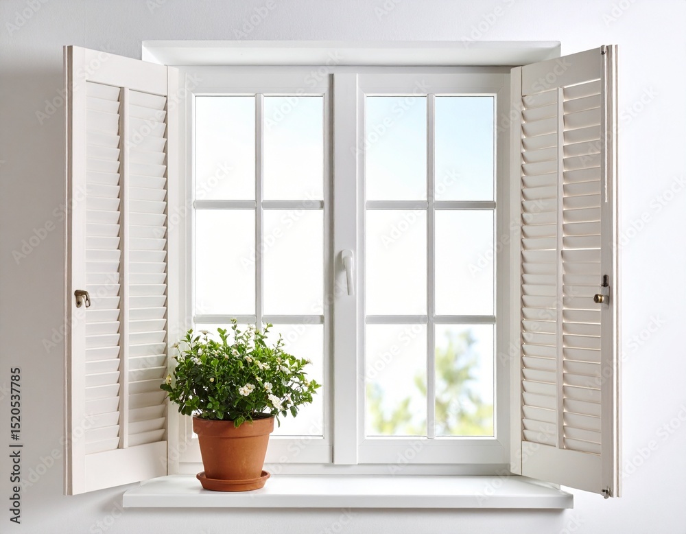 Fototapeta premium White window with shutters and plant in pot home interior design decor