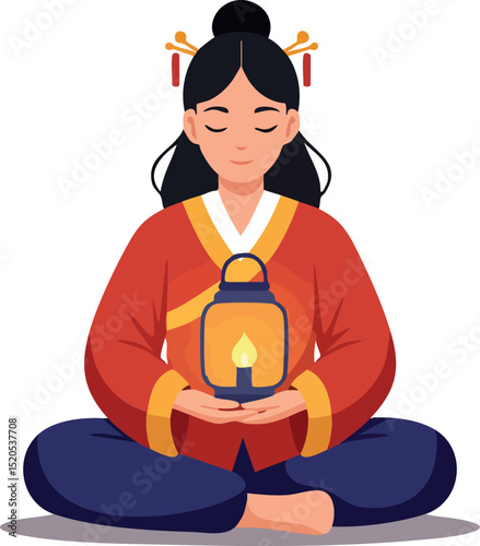 Asian woman in traditional clothing meditating with candle vector illustration calm scene 