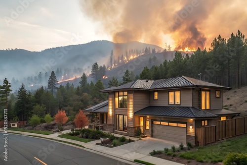 Modern suburban home with fireproof roof and eco-friendly materials. Sustainable construction resists wildfires, ensuring safety, security, and investment protection near forest landscape in nature.
