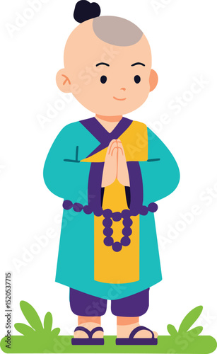 Buddhist monk standing in traditional robes holding prayer beads vector illustration 