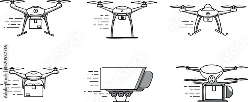 Drone delivery service icons with quadcopter flying and carrying packages vector illustration 