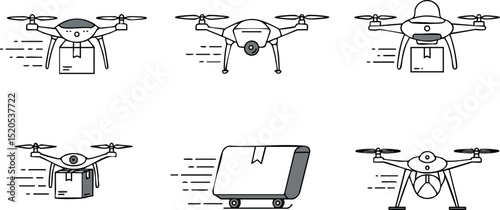 Delivery drone flying fast with parcel and package vector illustration set 