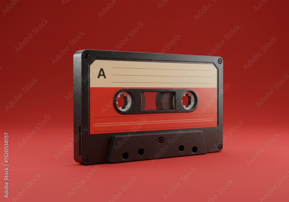 Fototapeta premium Retro audio cassette tape on red background vintage music concept