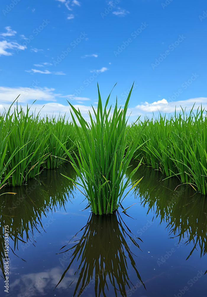 Fototapeta premium Green Rice Field Under Blue Sky: A serene perspective of a thriving rice field, with lush green crops standing tall, beautifully reflected in the still water.
