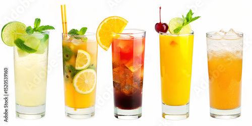 A collection of five different cocktails in tall glasses