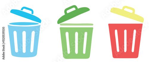 Trash Bin Icon Set. Trash Can Icon Set Vector – Recycle Bin, Delete, and Waste Symbols in Red , Green, and Blue. Transparent Background