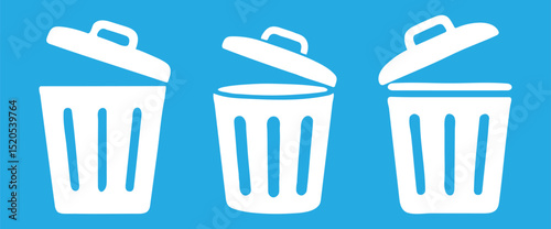Trash Bin Icon Set. Trash Can Icon Set Vector – Recycle Bin, Delete, and Waste Symbols. Blue Background