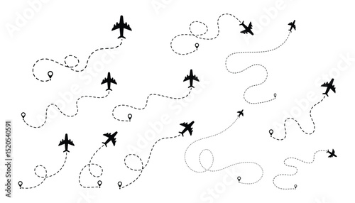 Airplane Flight Routes with Dotted Path and Location Pins – Vector Travel Map Set.
