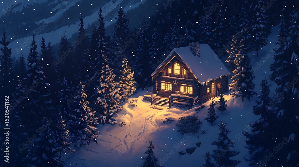 Fototapeta premium A cozy log cabin nestled in a snowy mountain forest at night.