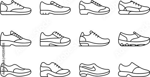 Collection of twelve different shoe outlines in a grid pattern on a white background illustration style