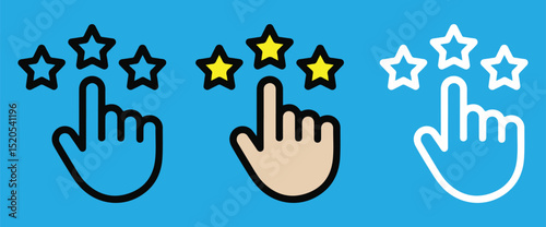 Rating Star Icon Set Vector – Hand Cursor, Feedback, and Quality Review Symbols on Blue Background