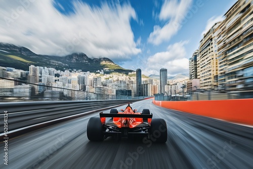 Fast Orange Formula Race Car Speeding Through Cityscape Monaco