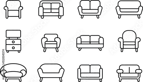 A collection of twelve furniture icons including sofas armchairs and a bedside table in black outline