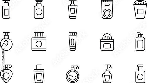 A collection of fifteen minimalist line art icons depicting various cosmetic and beauty product containers