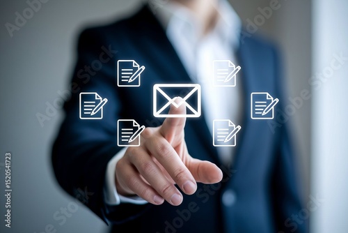 Businessperson Interacting with Digital Email and Documents Interface