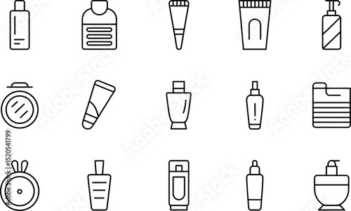 A line art illustration showcasing an assortment of cosmetic and beauty product containers and compacts