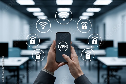 Secure VPN Connection on Smartphone, Wireless Network Security, Office Background