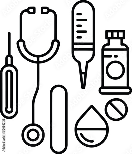 Outline illustration of medical equipment including stethoscope thermometer and medicine bottle icon set