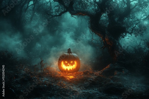 Spooky Halloween Jack-o'-lantern in a Dark Foggy Forest at Night