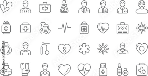 A collection of medical icons in a line art style featuring doctors, hearts, and medical supplies