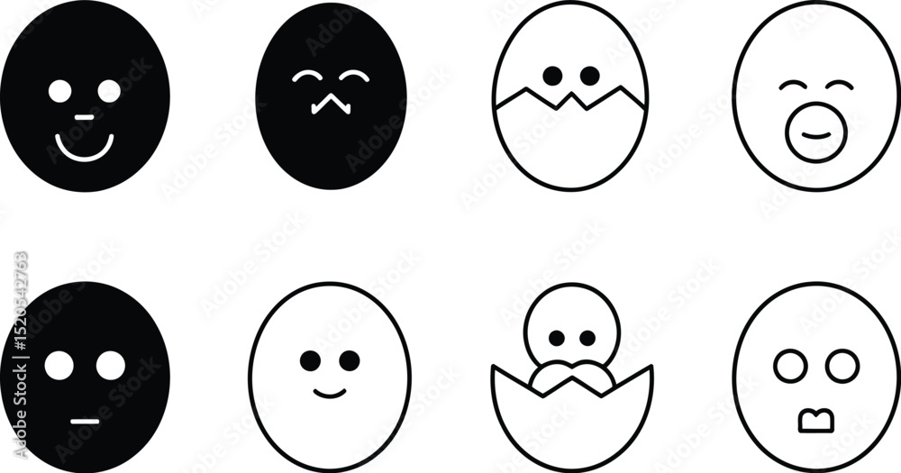 Eight simple emoji style illustrations showing eggs and faces in black and white on a white background Eight simple emoji style illustrations showing eggs and faces in black and white on a white background