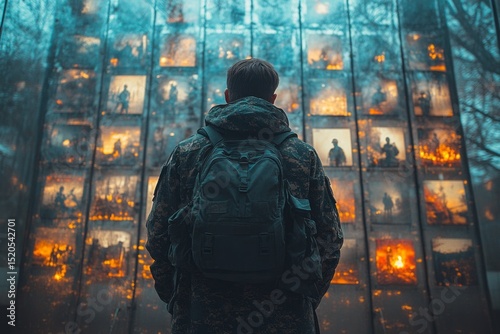 Soldier with Backpack Contemplating War Images on a Wall