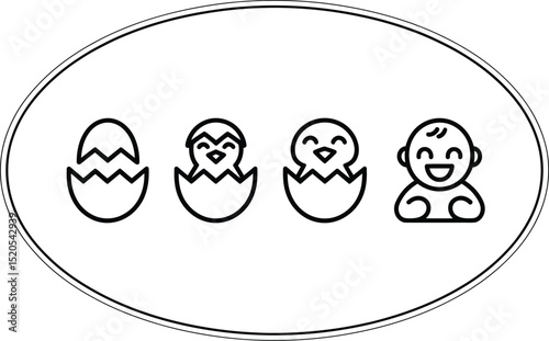 A simple line drawing showing the stages of hatching from an egg to a baby inside an oval frame