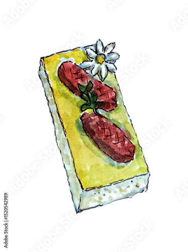 Vector watercolor illustration of Sausage Cheese Toast on white background	