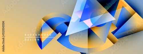 Abstract geometric shapes overlap, creating dynamic colorful composition. Gradient background enhances visual depth, modern design aesthetic.