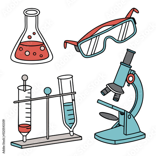 Colorful hand drawn science and research laboratory equipment isolated on white background