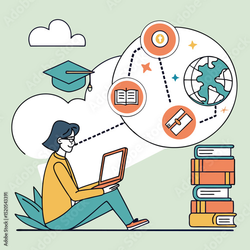 Digital learning and online education concepts depicted by a student using a laptop computer