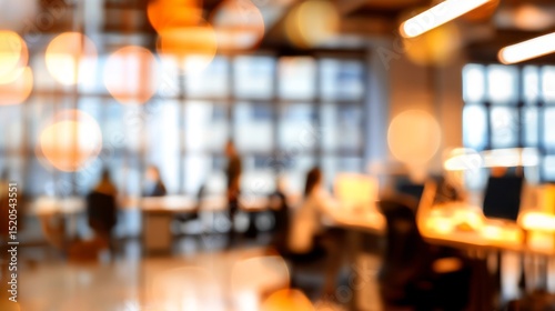 Abstract Blurred Office Space with Warm Lighting and Bokeh Effects