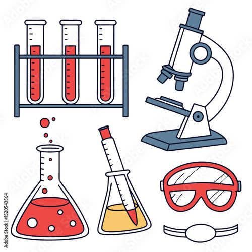 Hand drawn science laboratory elements including test tubes microscope beaker and safety goggles
