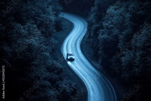 Night Drive Car on Winding Road Through Dark Forest at Night