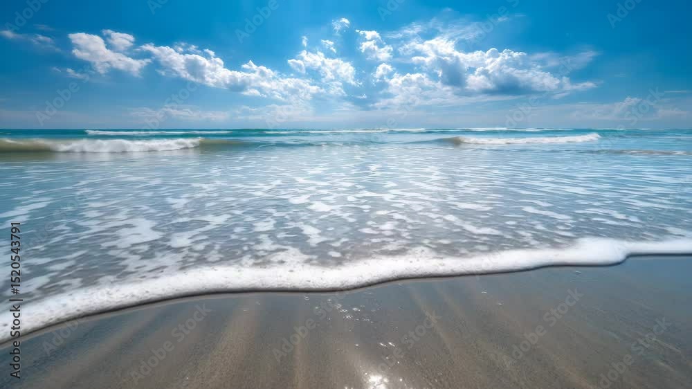 Soft waves gently caress a sandy beach under a vibrant blue sky dotted with fluffy white clouds. Sunlight glints off the wet sand, creating a serene coastal scene.