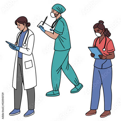 Illustration of diverse medical professionals wearing protective masks and scrubs using documentation
