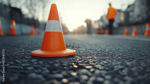 Close-up of an Orange and White Traffic Cone on Asphalt Road, Blurred Workers in Background