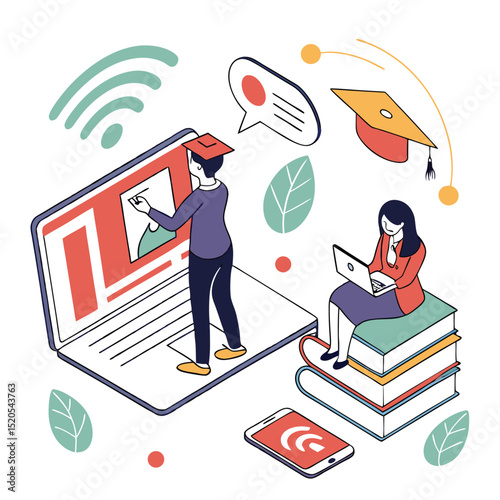 Isometric illustration depicting online education and digital learning with students and laptop