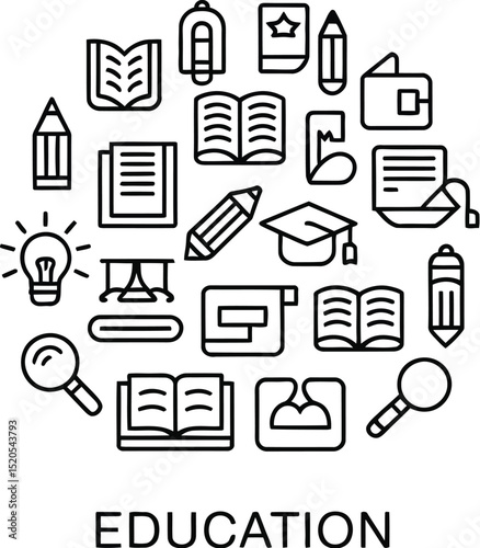Illustration of education icons including books pencils and magnifying glasses in a circular arrangement