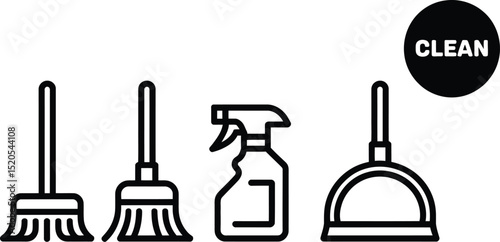 A line art illustration of cleaning supplies including brooms, spray bottle, and dustpan with clean text